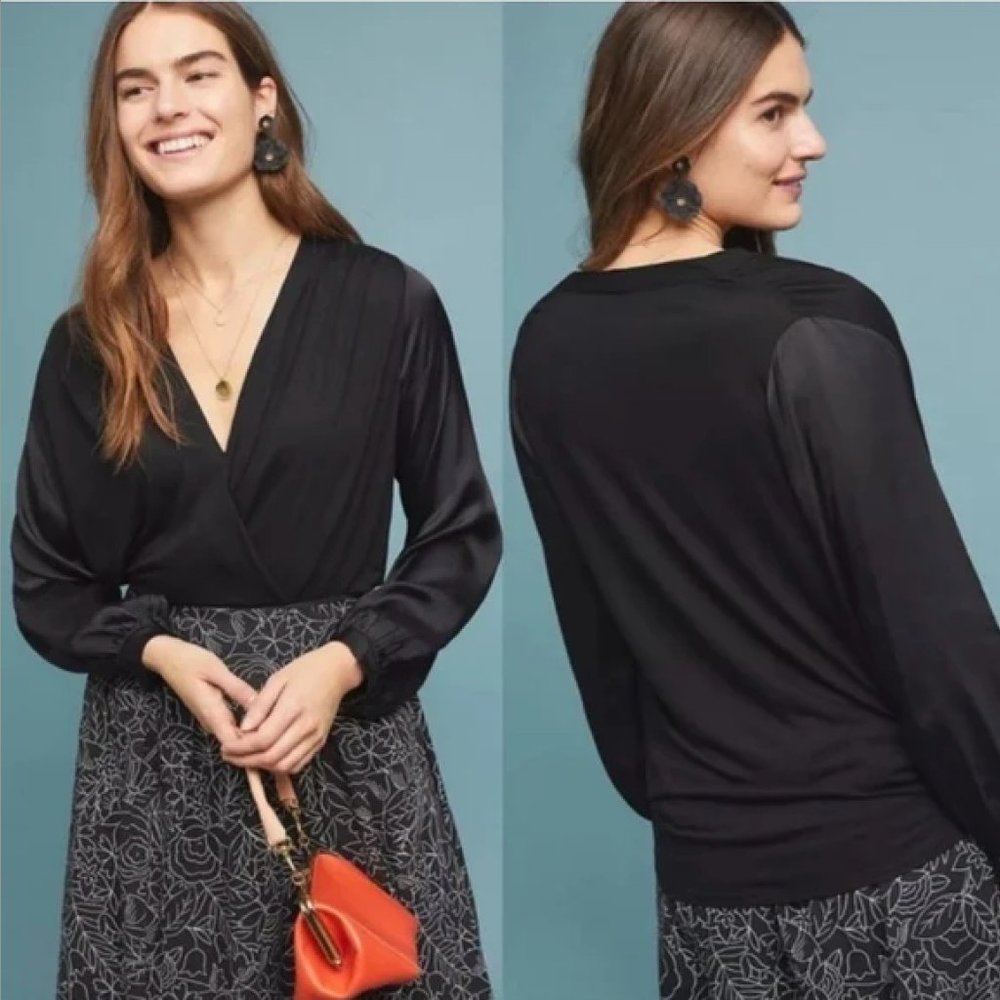 Anthropologie Drape V-Neck Satin Sleeved Blouse | L